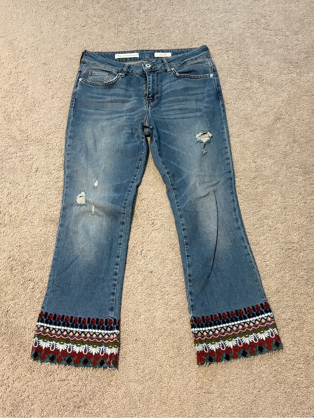 Pilcro and the Letterpress Blue Flare Jeans with Multicolor Embroidered Hem